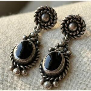 Vintage Sterling Silver Black Onyx Rosette Dangle Earrings Southwestern Boho